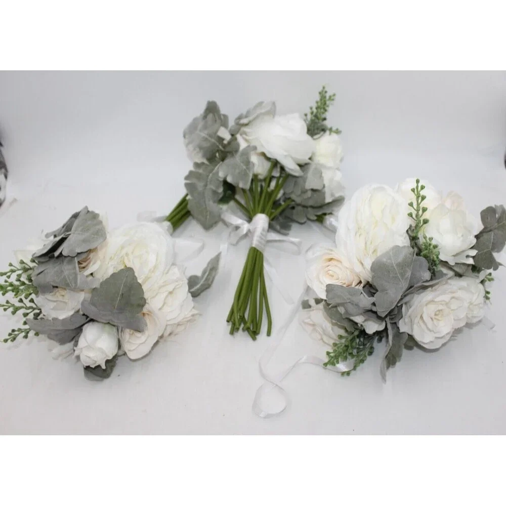 Wedding Artificial Flower Bouquet Lot of 3 Bridesmaid Bridal Flower Girl WHITE